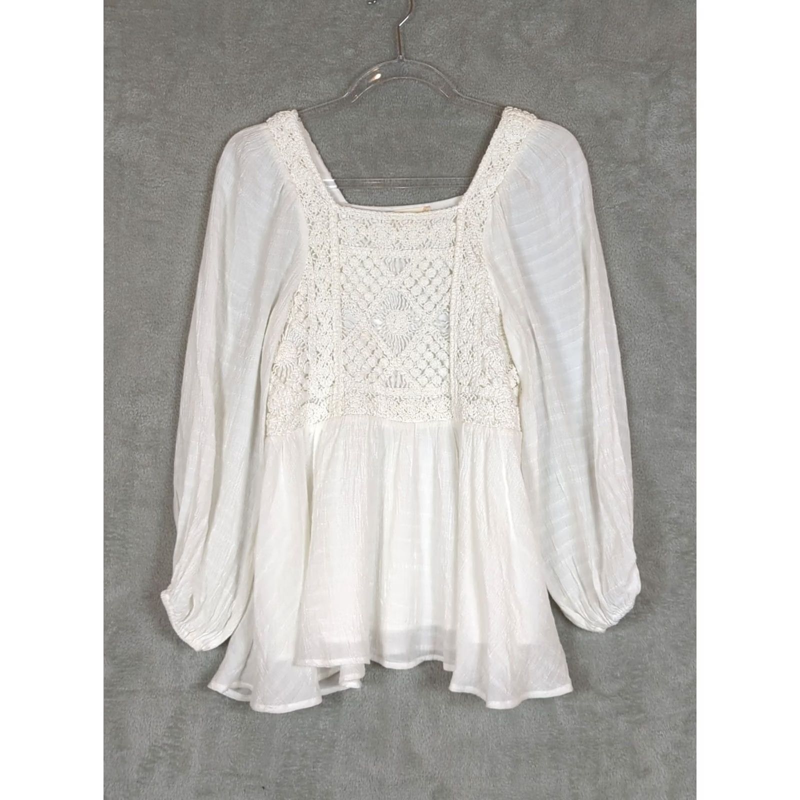 Vintage Altar'd State Blouse Shirt XS White Square Neck Crochet Puff Sleeve Boho Cottagecore Relaxed Women Size XS / US 0-2 / IT 36-38 - 2 Thumbnail