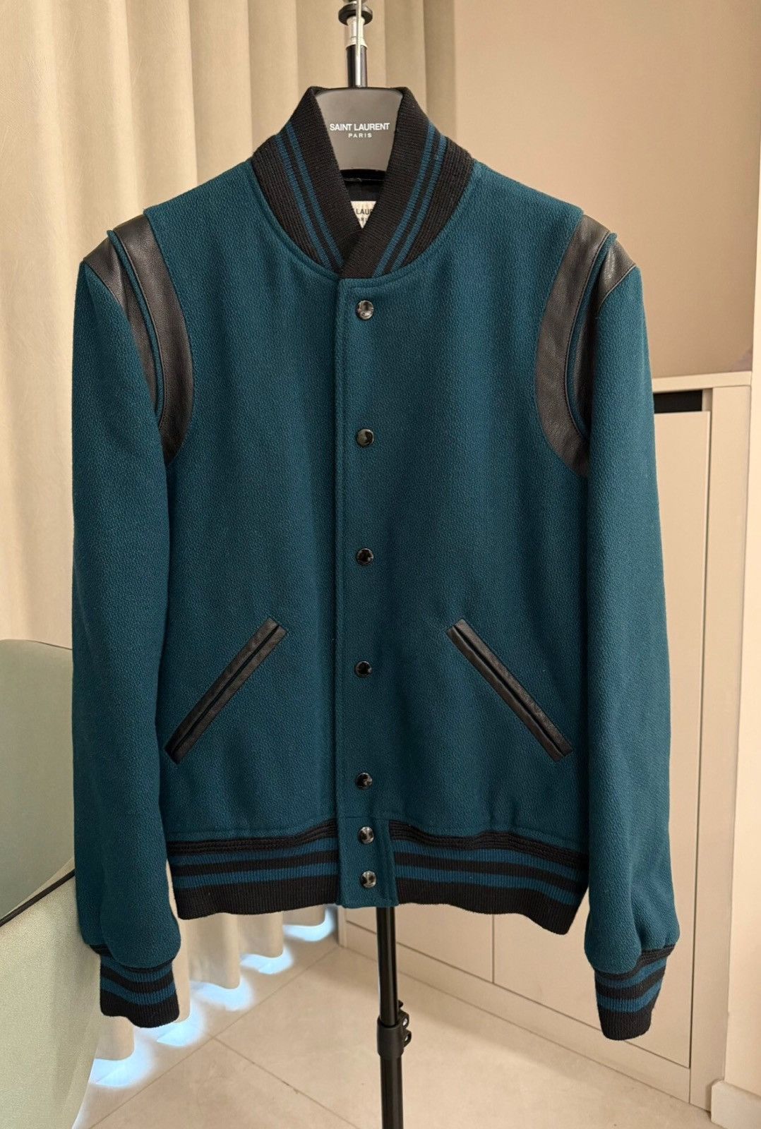 Saint Laurent Paris Saint Laurent SLP 2018FW Blue-Green Teddy Varsity Jacket Size US S / EU 44-46 / 1 - 1 Thumbnail