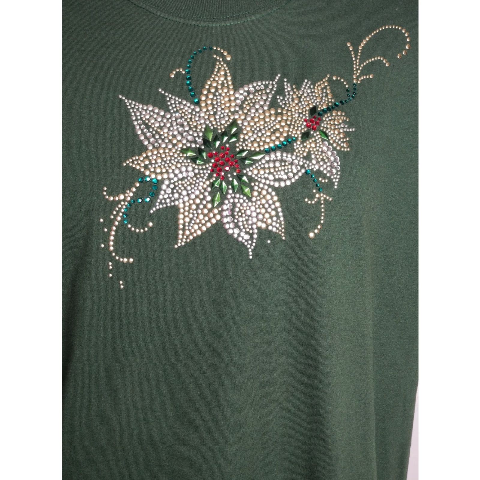 Jerzees VINTAGE Mens XL Bling Embellished Poinsettia Ugly Christmas T Shirt Celebrity Style Embellished Tee 1990s Green Mens Size US XL / EU 56 / 4 - 2 Thumbnail