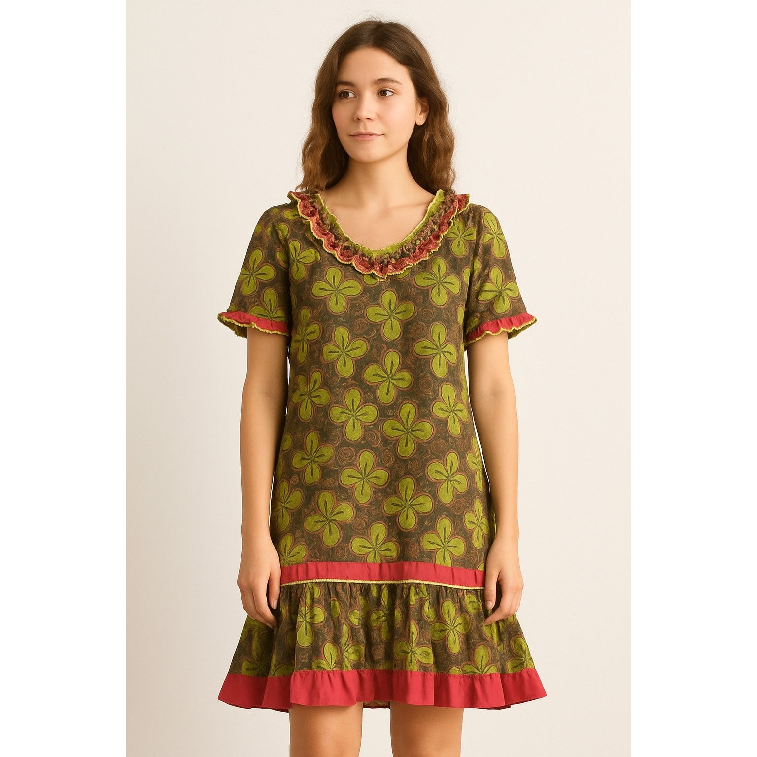 Handmade Boho Cottagecore Floral Ruffle Hem Green & Pink Dress L Size L / US 10 / IT 46 - 1 Thumbnail