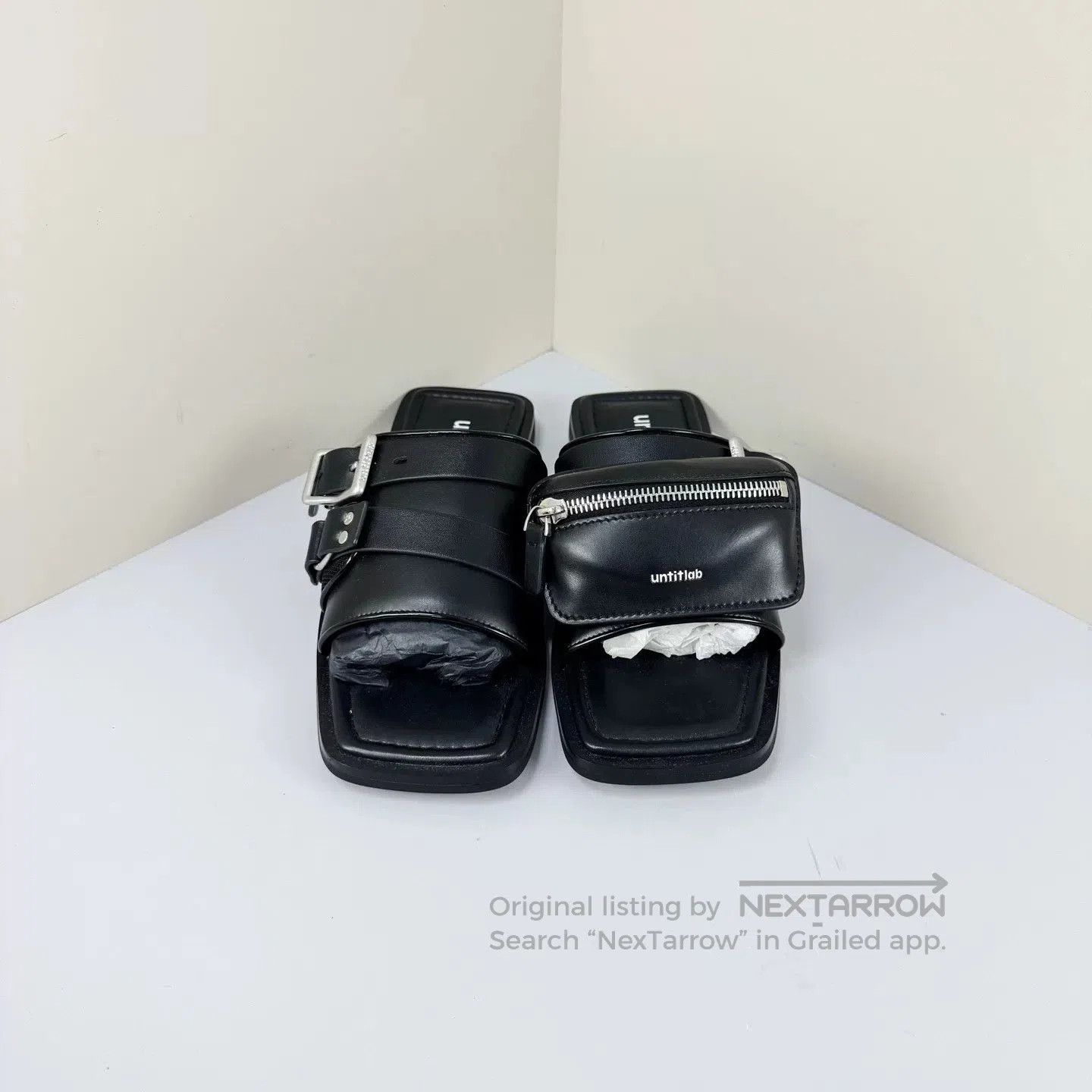untitlab Untitlab Black Strappy Leather Square-Toe Slippers. Size US 7 / IT 37 - 1 Thumbnail