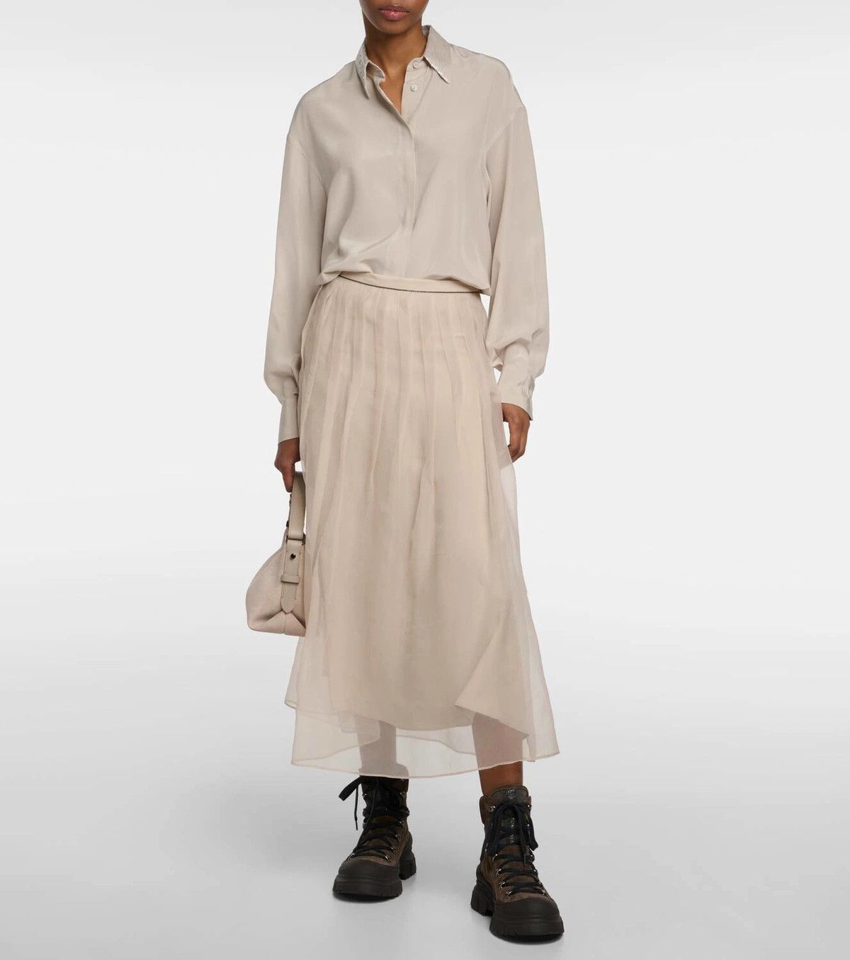 Brunello Cucinelli o1y0725 Silk Shirt in Beige Size M / US 6-8 / IT 42-44 - 5 Thumbnail
