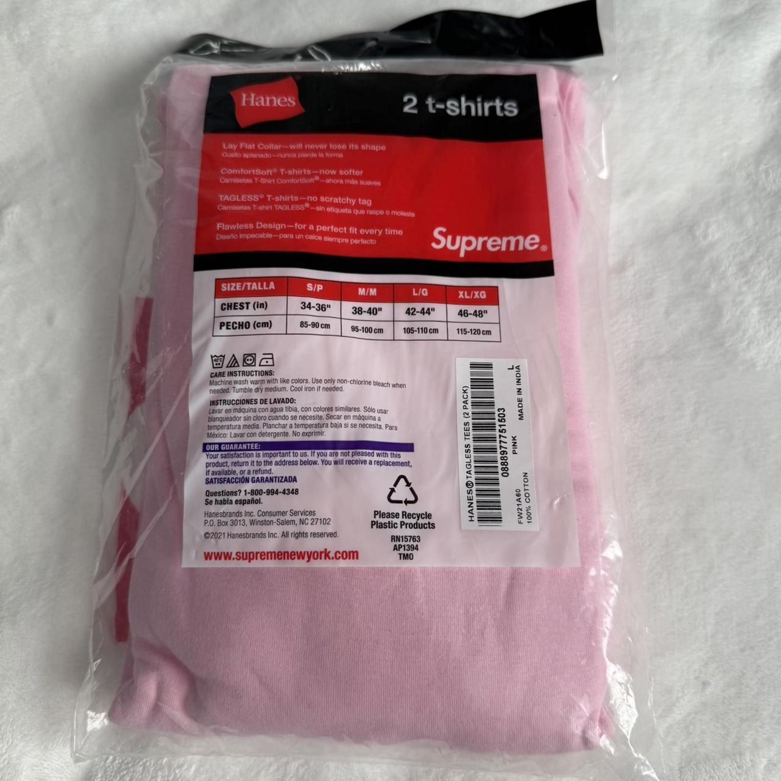 Supreme 2021 Supreme x Hanes Tagless Tees (2 Pack) 'Pink' Size US M / EU 48-50 / 2 - 4 Thumbnail