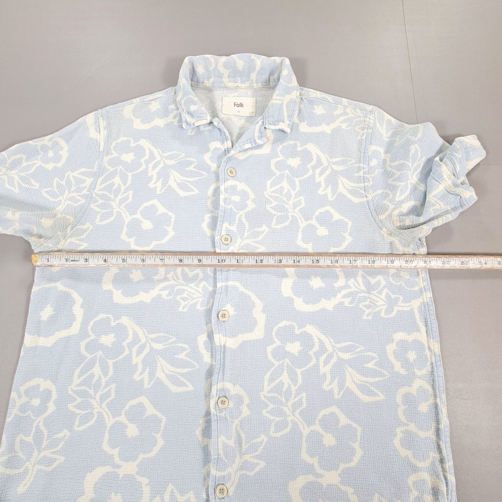 Folk Folk Shirt Blue Floral Short Sleeve Spread Collar Button-Up Men Large L Holiday Casual Travel Summer Cotton Size US L / EU 52-54 / 3 - 4 Thumbnail