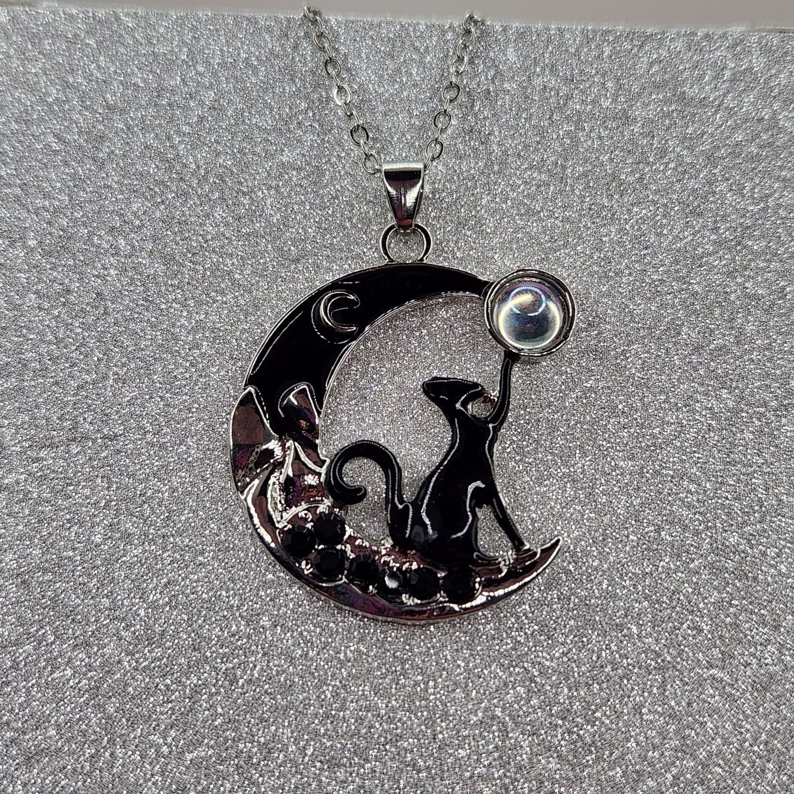 Other Black Cat on Crescent Moon Necklace with Moonstone Accent Size ONE SIZE - 1 Thumbnail