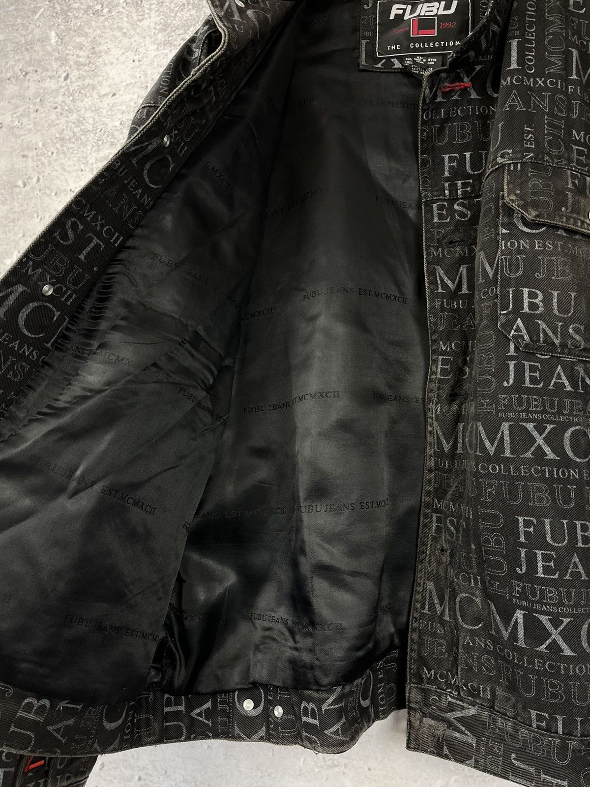 Fubu × Vintage 90s FUBU The Collection MCMXCII All Over Print Denim Jacket Size US XL / EU 56 / 4 - 7 Thumbnail