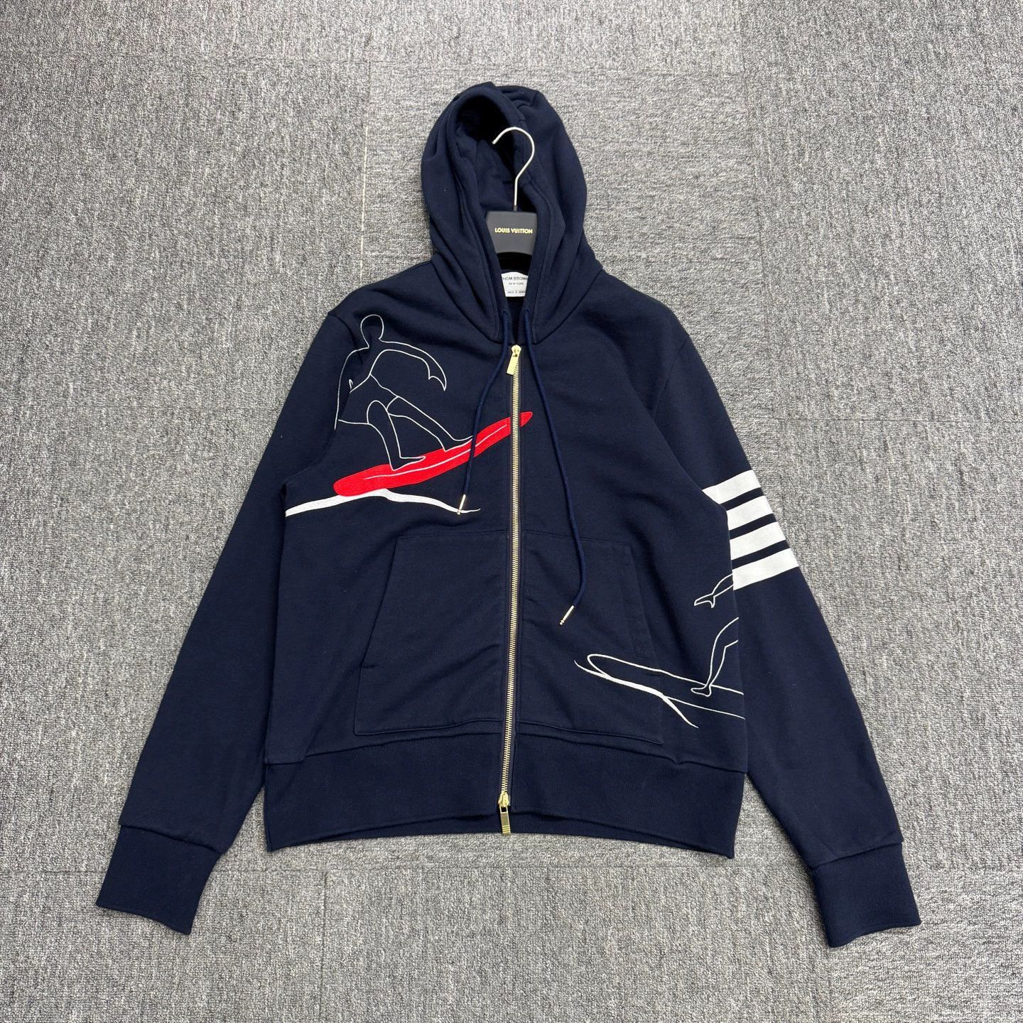 Thom Browne Blue Zip-Up Hoodie with Surfer Graphic and Striped Sleeves Size US M / EU 48-50 / 2 - 1 Thumbnail