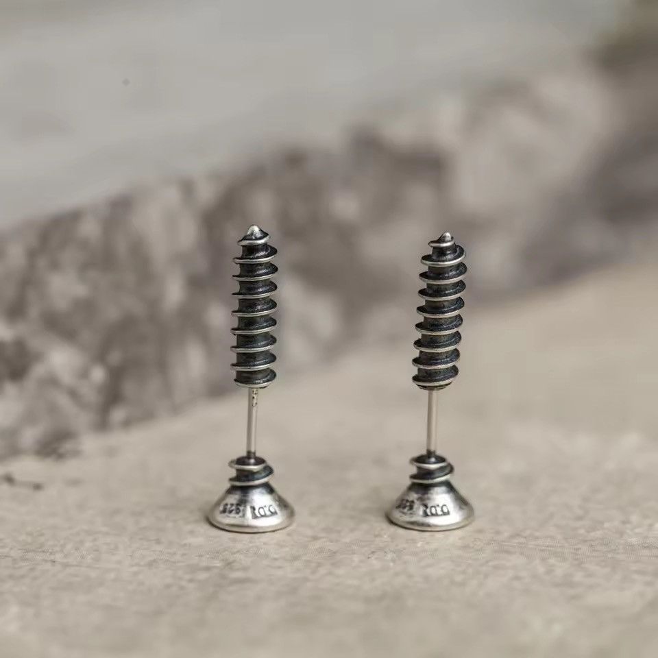 Sterling Silver 925 Sterling Silver Punk Hiphop Style Screw Stud Earrings Size ONE SIZE - 5 Thumbnail