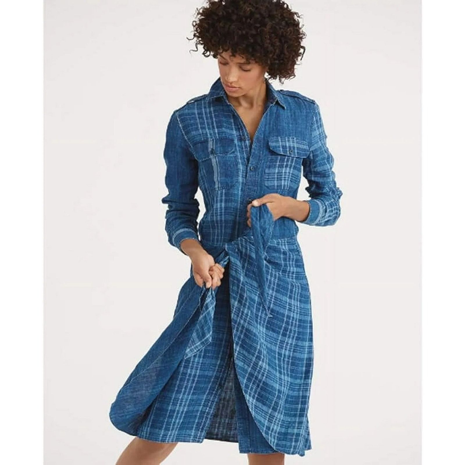 Polo Ralph Lauren Polo Ralph Lauren Sz 2 Indigo Blue Plaid Linen Shirt Dress Size XS / US 0-2 / IT 36-38 - 1 Thumbnail