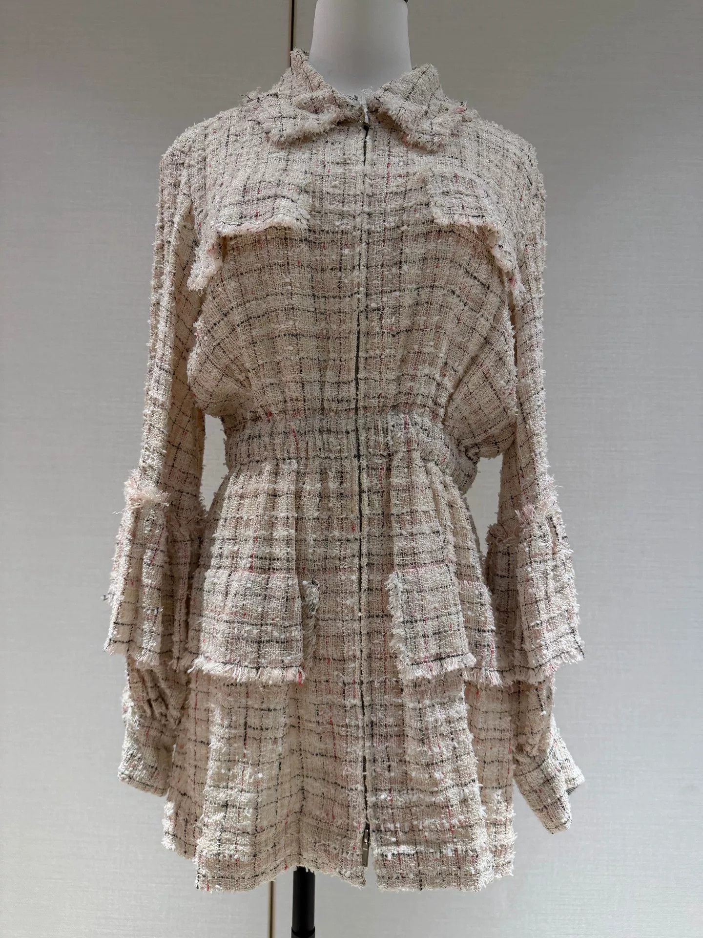 Chanel 18 White Plaid Fringe Coat