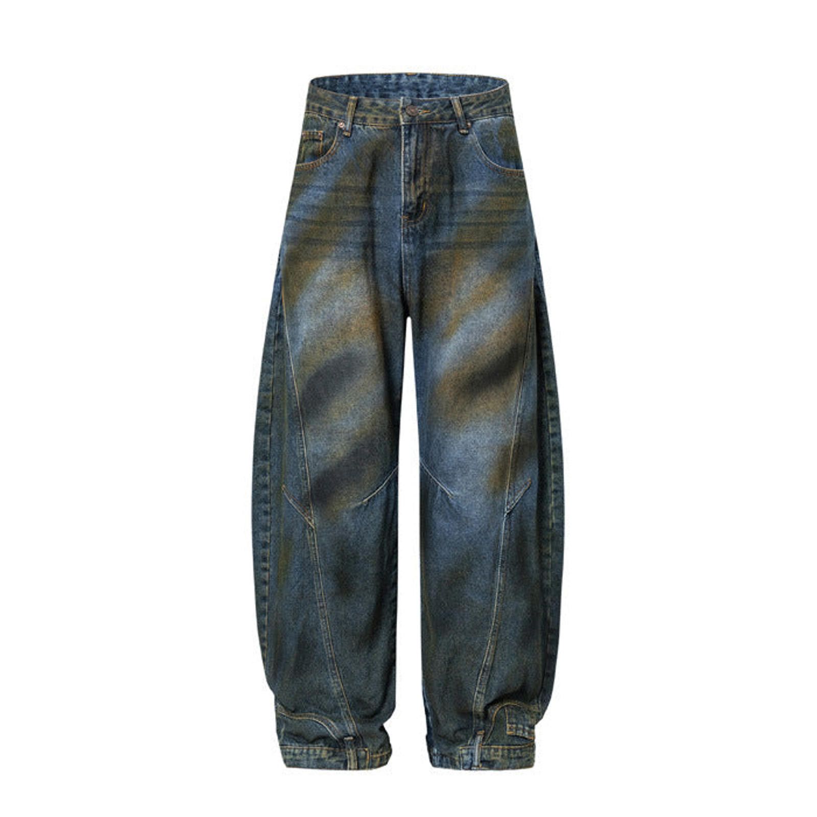 Japanese Brand Distressed Blue and Brown Wide Leg Denim Jeans, Baggy Fit Size US 28 / EU 44 - 4 Thumbnail