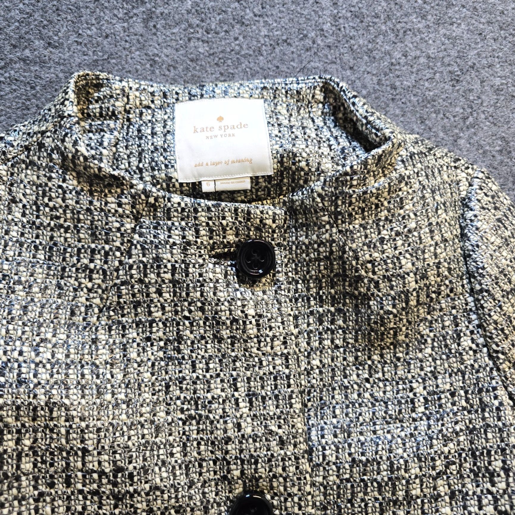 Vintage kate spade new york Jacket Womens 6 Black White Tweed Erika Laquered Coated Classic Regular Lined Coat/Casual Party/Cocktail Winter Fall Spring Size M / US 6-8 / IT 42-44 - 2 Thumbnail