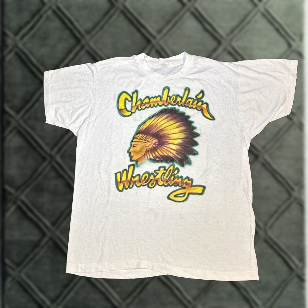 Vintage VINTAGE Chamberlain Chiefs Tampa Florida Wrestling Mascot T-Shirt XL Fits M-L Shirt Mens White Florida 21” Pit to Pit 26” Length Size US L / EU 52-54 / 3 - 1 Thumbnail