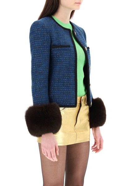 Saint Laurent Paris o1s1wg111224 Tweed Jacket With Faux Fur Cuffs in Blue/Black Size XL / US 12-14 / IT 48-50 - 5 Thumbnail