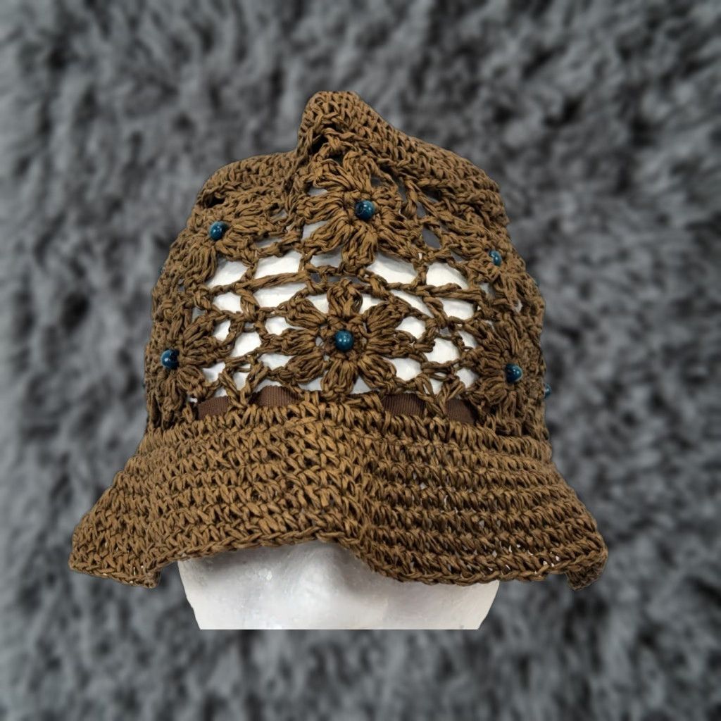 Vintage Unbranded Hat Bucket Crochet Raffia Bead Women’s Blue Brown One Size Y2K Hippie Indie Grunge Womens Size ONE SIZE - 1 Thumbnail