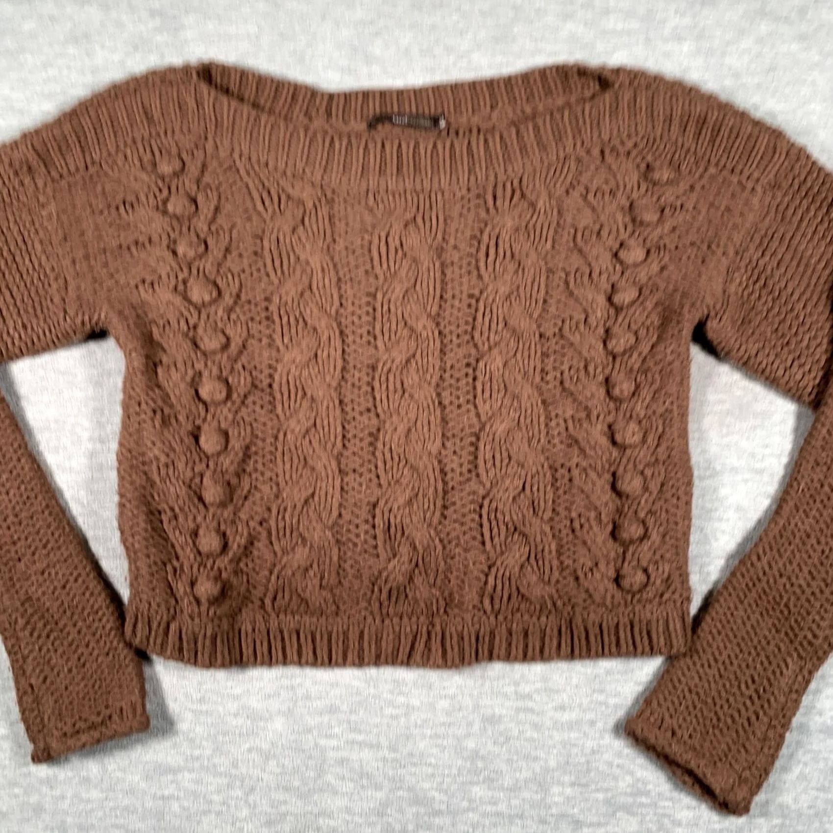Vintage Hazel Sweater Womens Medium Brown Cable Knit Boat Neck Cropped Pullover Size M / US 6-8 / IT 42-44 - 3 Thumbnail