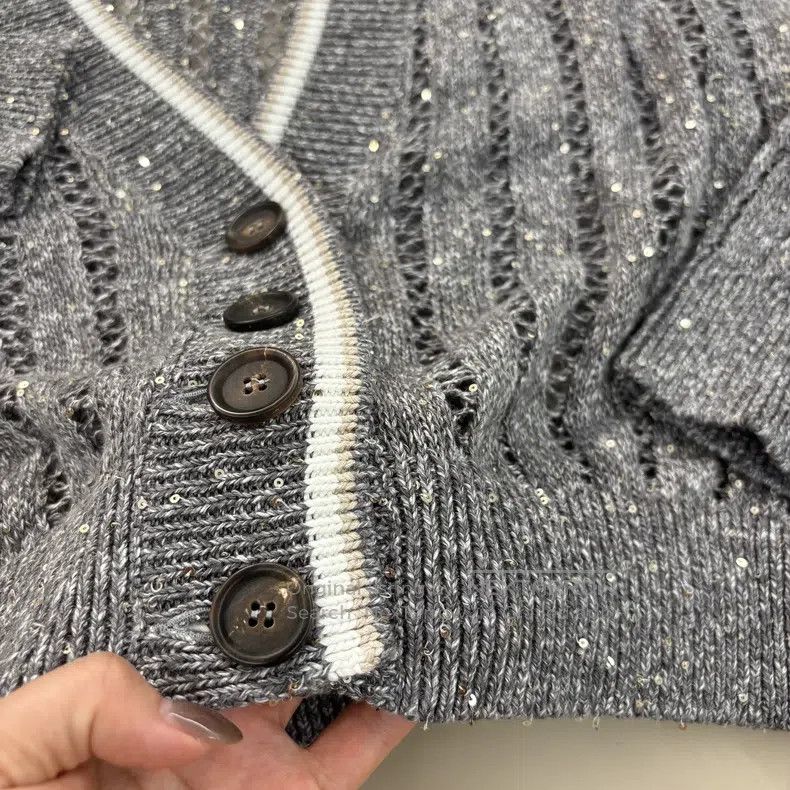 Brunello Cucinelli Brunello Cucinelli Grey Sequin Knit Cardigan with Netted O Size S / US 4 / IT 40 - 4 Thumbnail