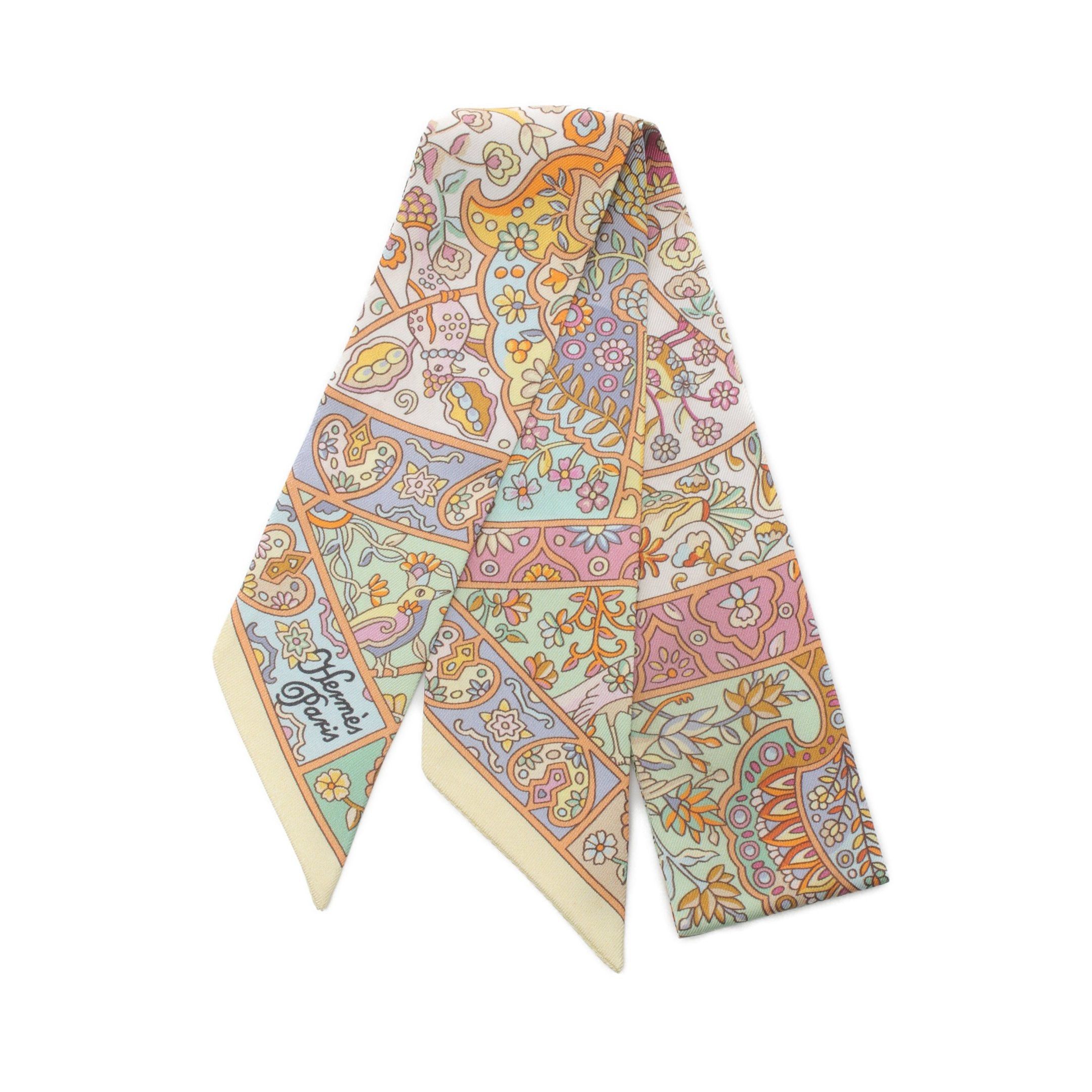 Hermes Hermes Twilly Au Pays Des Oiseaux Fleurs Ribbon Scarf Silk Light Yellow Multicolor Size ONE SIZE - 1 Thumbnail