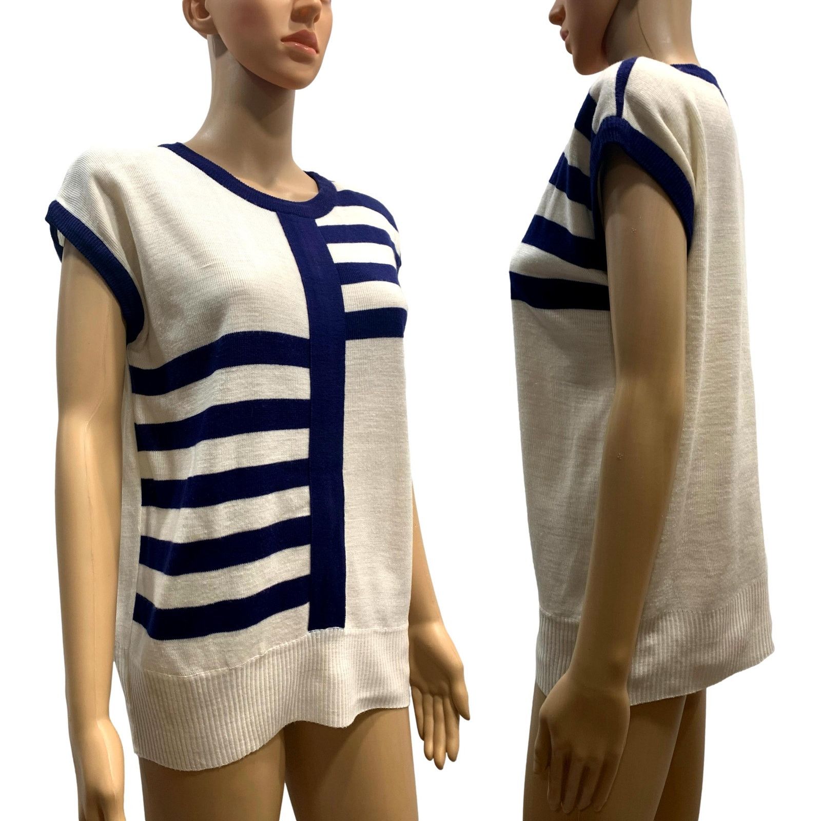 Vintage 80s Chic White & Navy Blue Sleeveless Sweater Vest Tunic | S Size S / US 4 / IT 40 - 9 Thumbnail