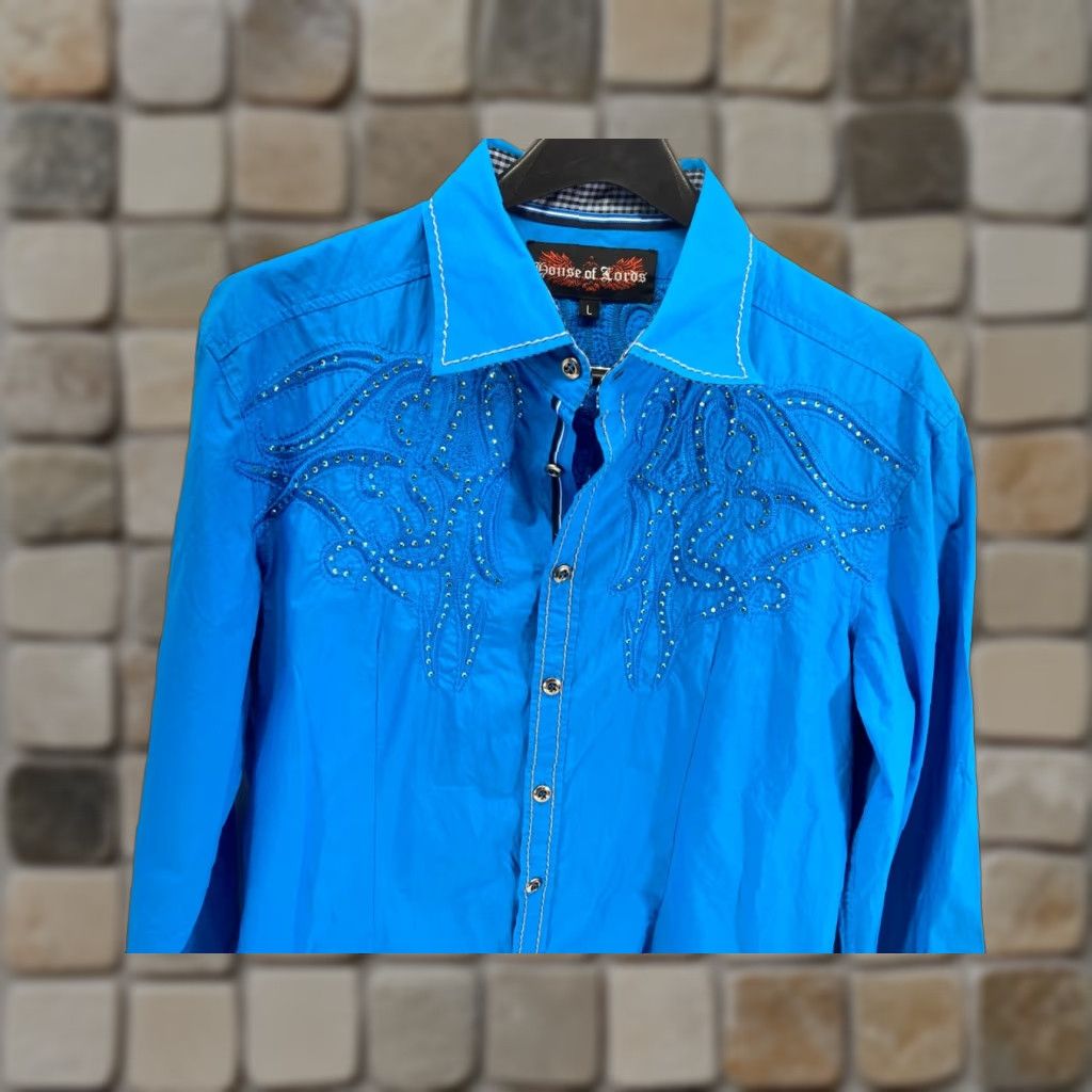House of CB House of Lords Shirt Western Button Up Mens L Blue Embroidered Embellished Size US L / EU 52-54 / 3 - 1 Thumbnail