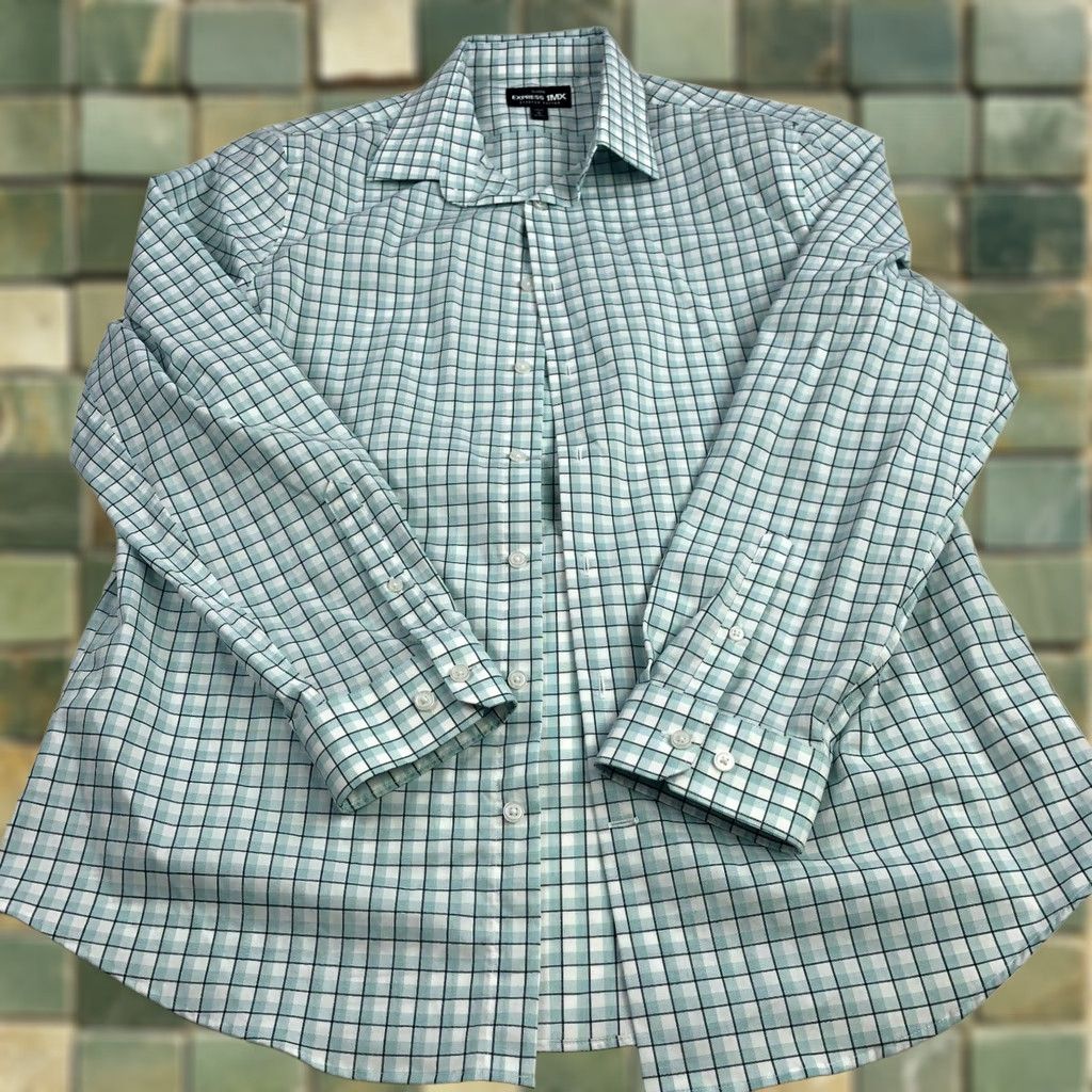 Express Express 1MX Dress Shirt Mens L 35 Green Button Front Casual Plaid Shirt Size US L / EU 52-54 / 3 - 1 Thumbnail