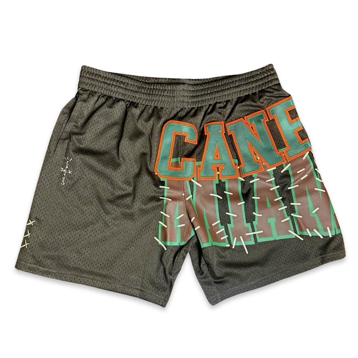 image of Mitchell Ness x Travis Scott In Hand Cactus Jack Goes Back To Miami Hurricanes Shorts in Brown (Siz