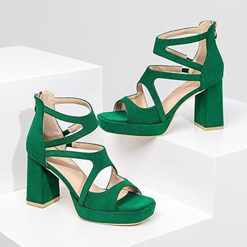 Other Risdoada Women's Size 8 Green Faux Suede Platform Heels Size US 8 / IT 38 - 3 Thumbnail
