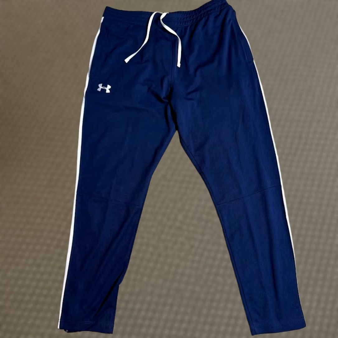 Under Armour Under Armour Pants Mens L Navy Stripe Fitted Performance Joggers Track Zip Bottom Size US 33 - 1 Thumbnail