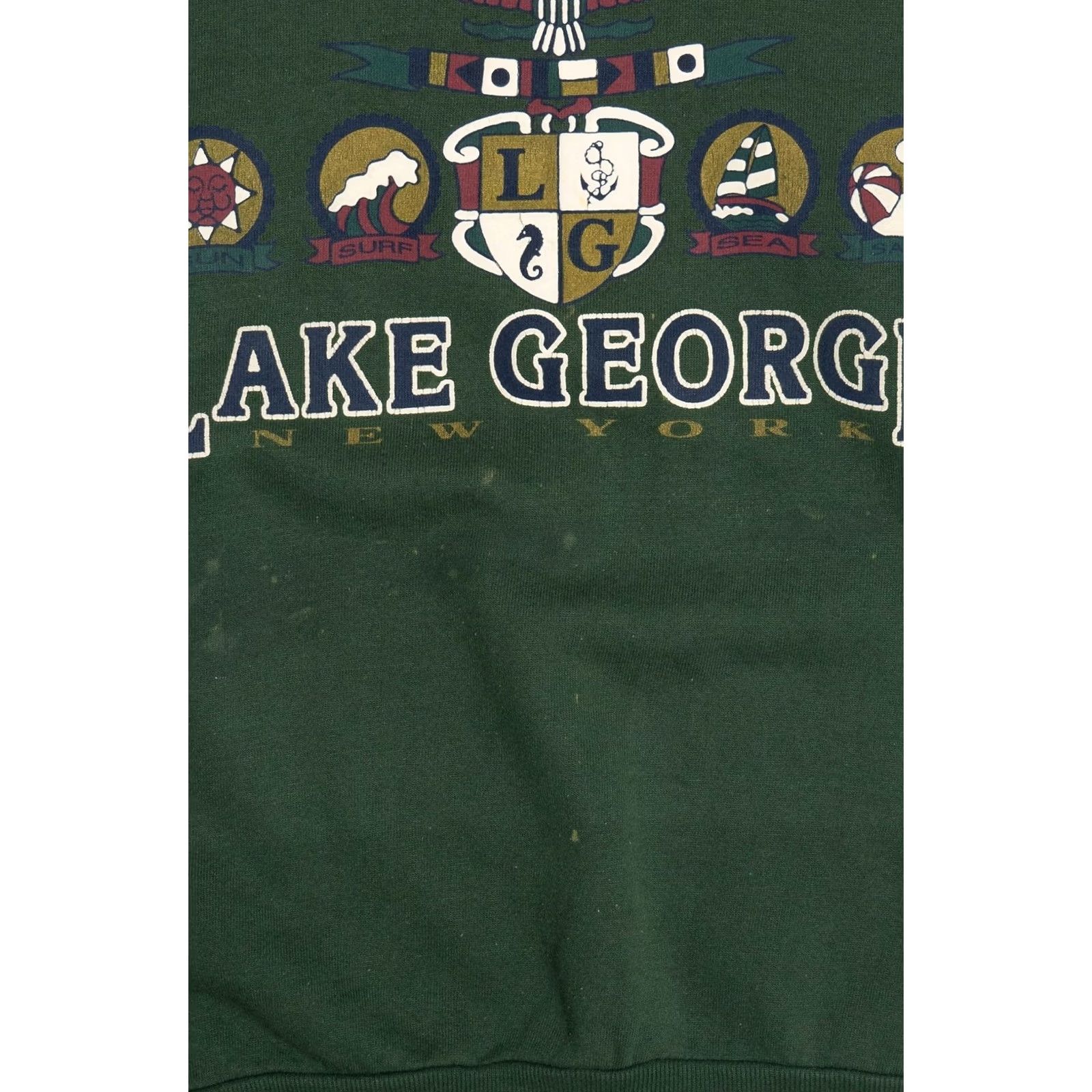 Jerzees Vintage Jerzees Lake George New York Destination Sweatshirt Green 1990s Medium Long Sleeve Cotton / Polyester Distressed Mens Size US M / EU 48-50 / 2 - 3 Thumbnail