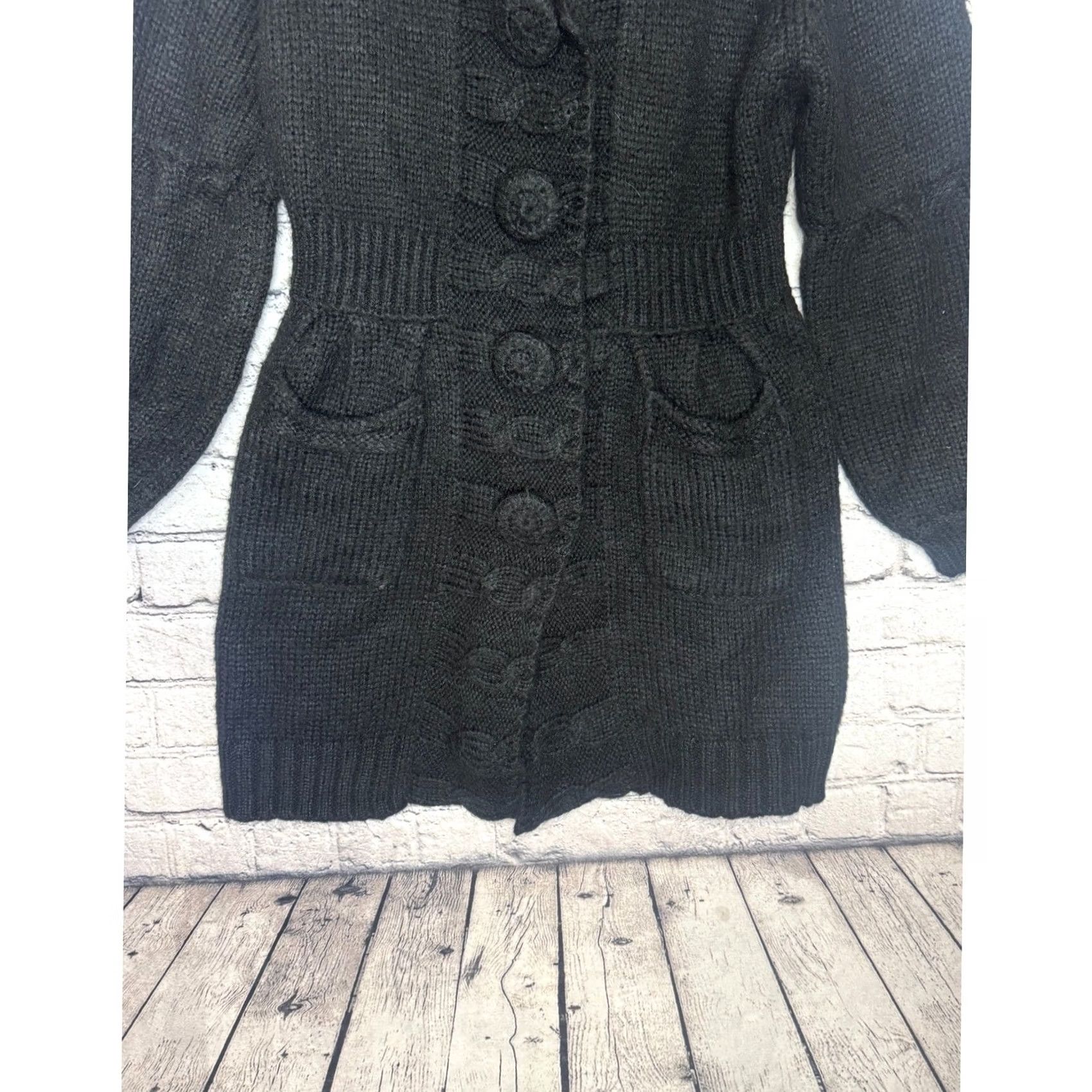 Vintage Pixie Black Knit Cardigan Sweater Jacket Women M Balloon Sleeve Button Front Size M / US 6-8 / IT 42-44 - 3 Thumbnail