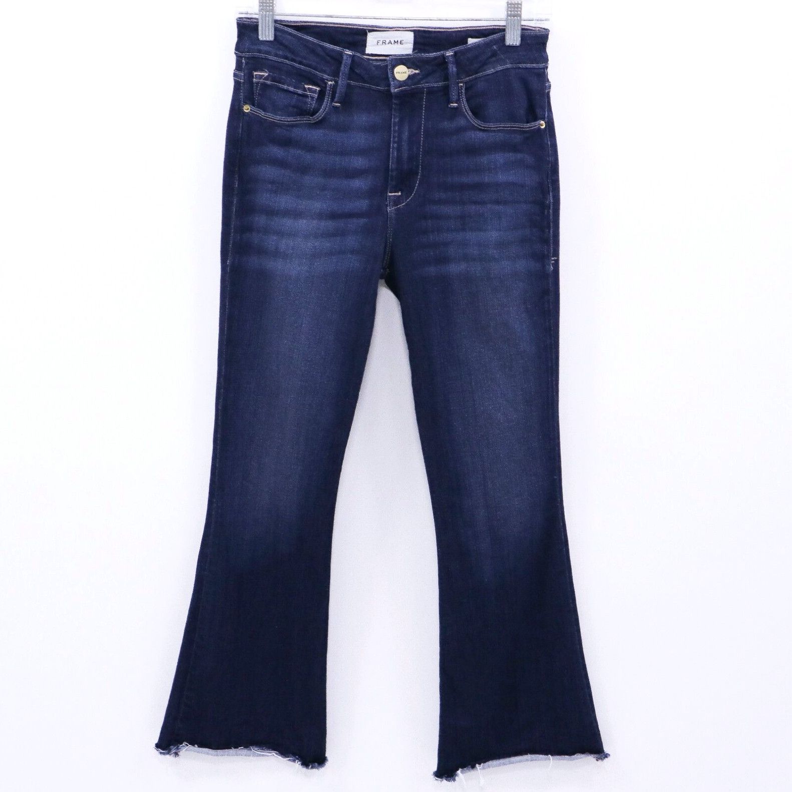 image of Frame Le Crop Mini Boot Jeans Womens W27 L25 Dark Blue Denim Raw Hem High Waist in White