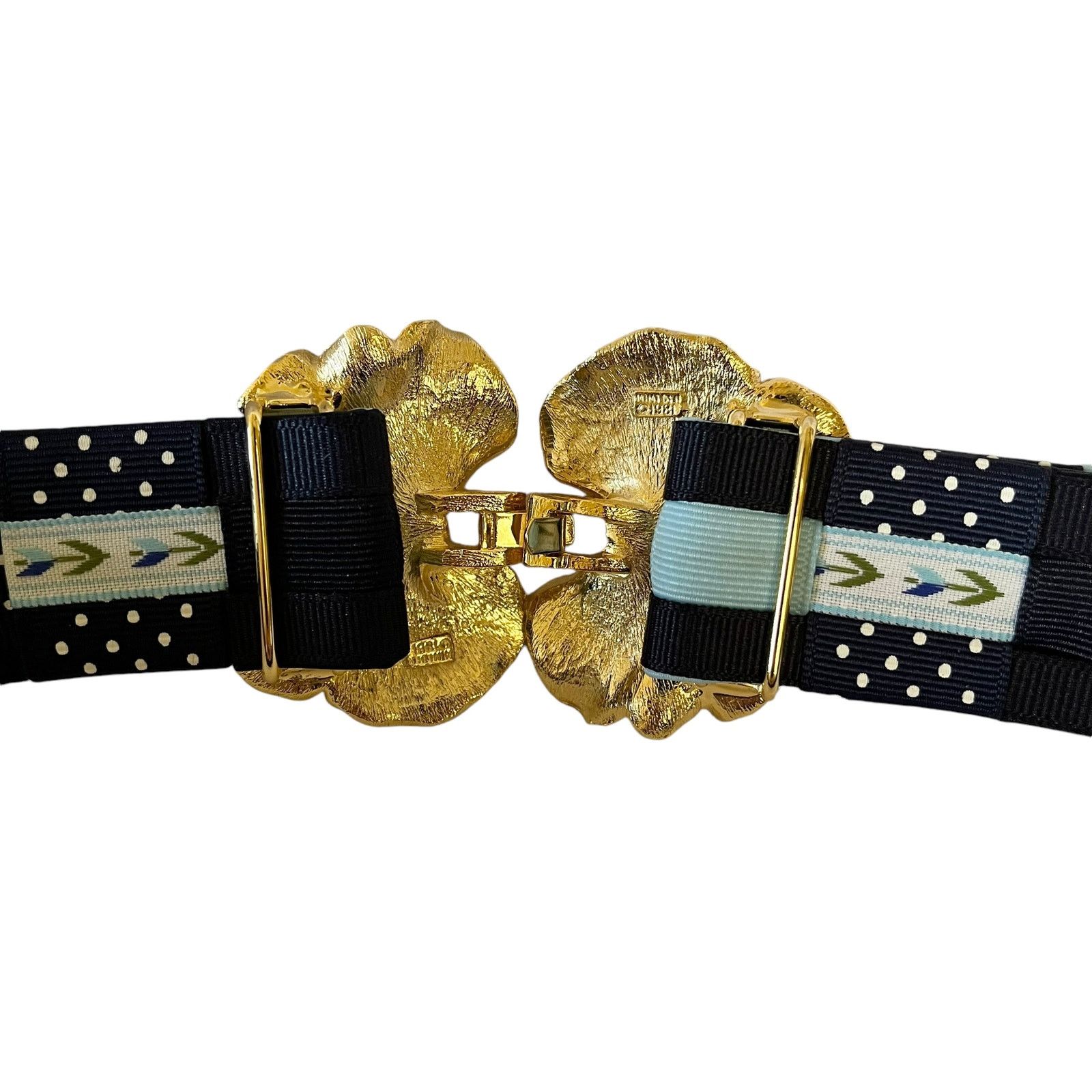 Vintage Mimi Di N Vintage Gold-Tone Leaf Buckle Blue Statement Belt Size ONE SIZE - 4 Thumbnail
