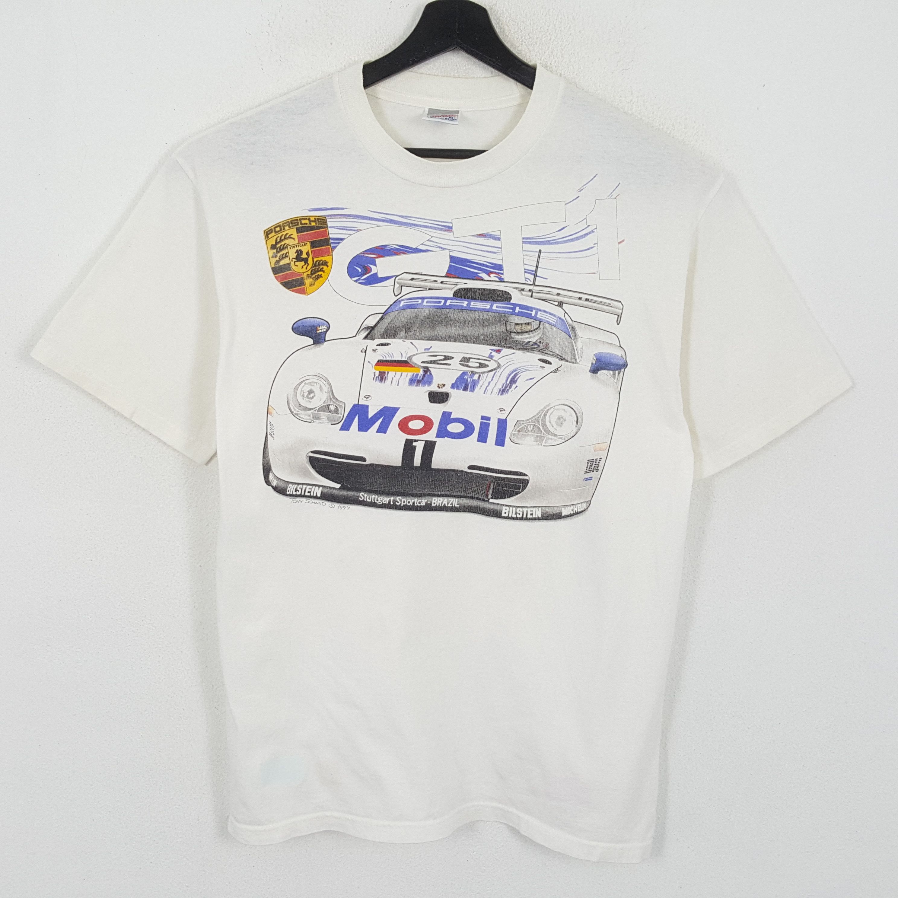 image of Porsche Design x Racing Porsche Gt1 Mobil 1 Racing Cars Vintage Tshirt in White, Men's (Size Medium