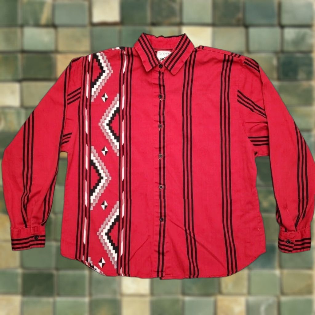 Roper Roper Shirt Womens Medium Red Aztec Pattern Striped Long Sleeve Western Cowboy Button-Up Size M / US 6-8 / IT 42-44 - 1 Thumbnail