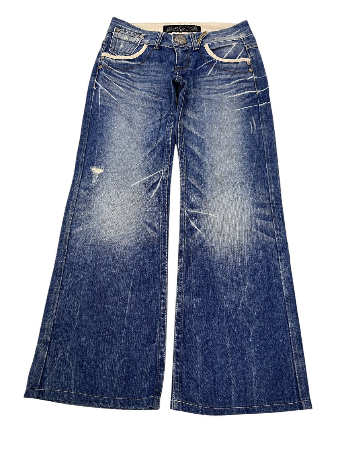 Japanese Brand × Vintage Red Pepper Y2K Wide-Leg Flare Distressed Jeans Embroidered Size US 30 / EU 46 - 2 Thumbnail