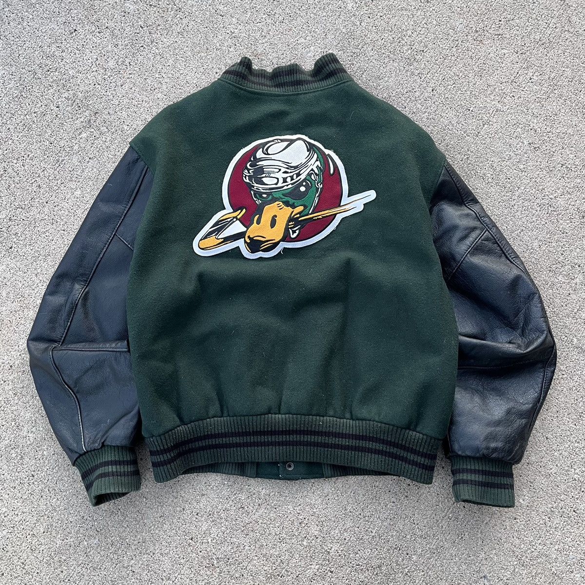 image of Leather Jacket x Varsity Jacket Vintage 90's Quad City Mallards Leather Varsity Jacket in Green (Si