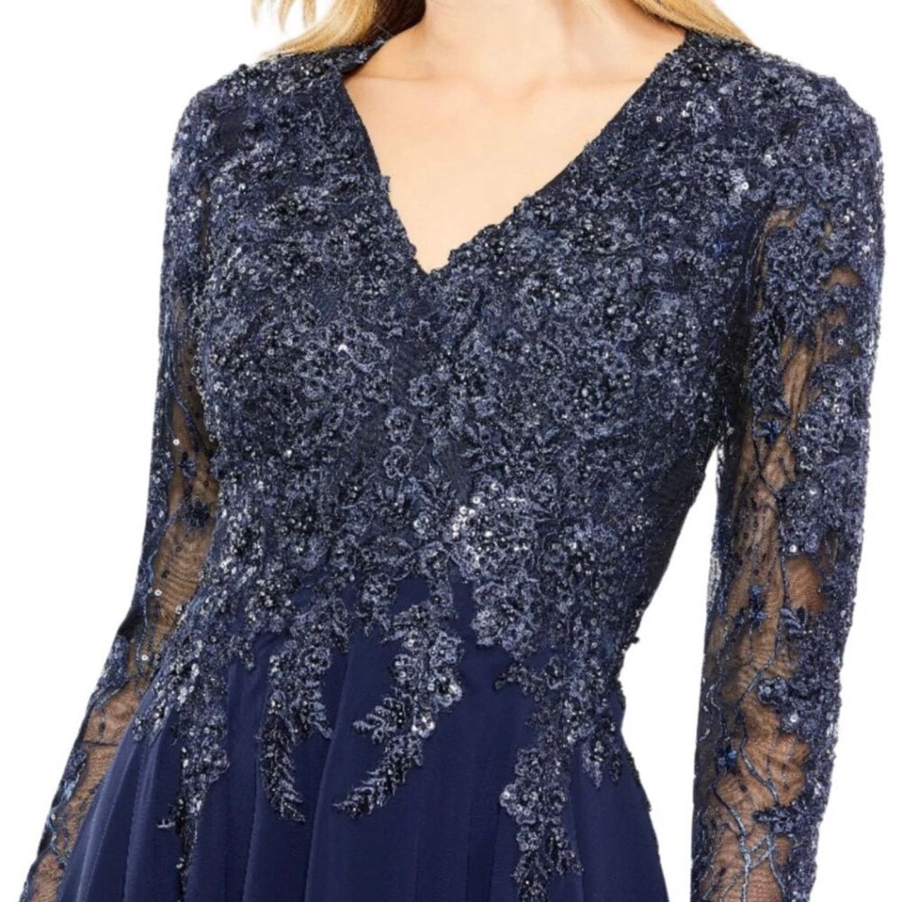 MACH & MACH Mac Duggal 20388 Size 12 Navy Blue Long Sleeve Maxi Dress UB Size XL / US 12-14 / IT 48-50 - 3 Thumbnail