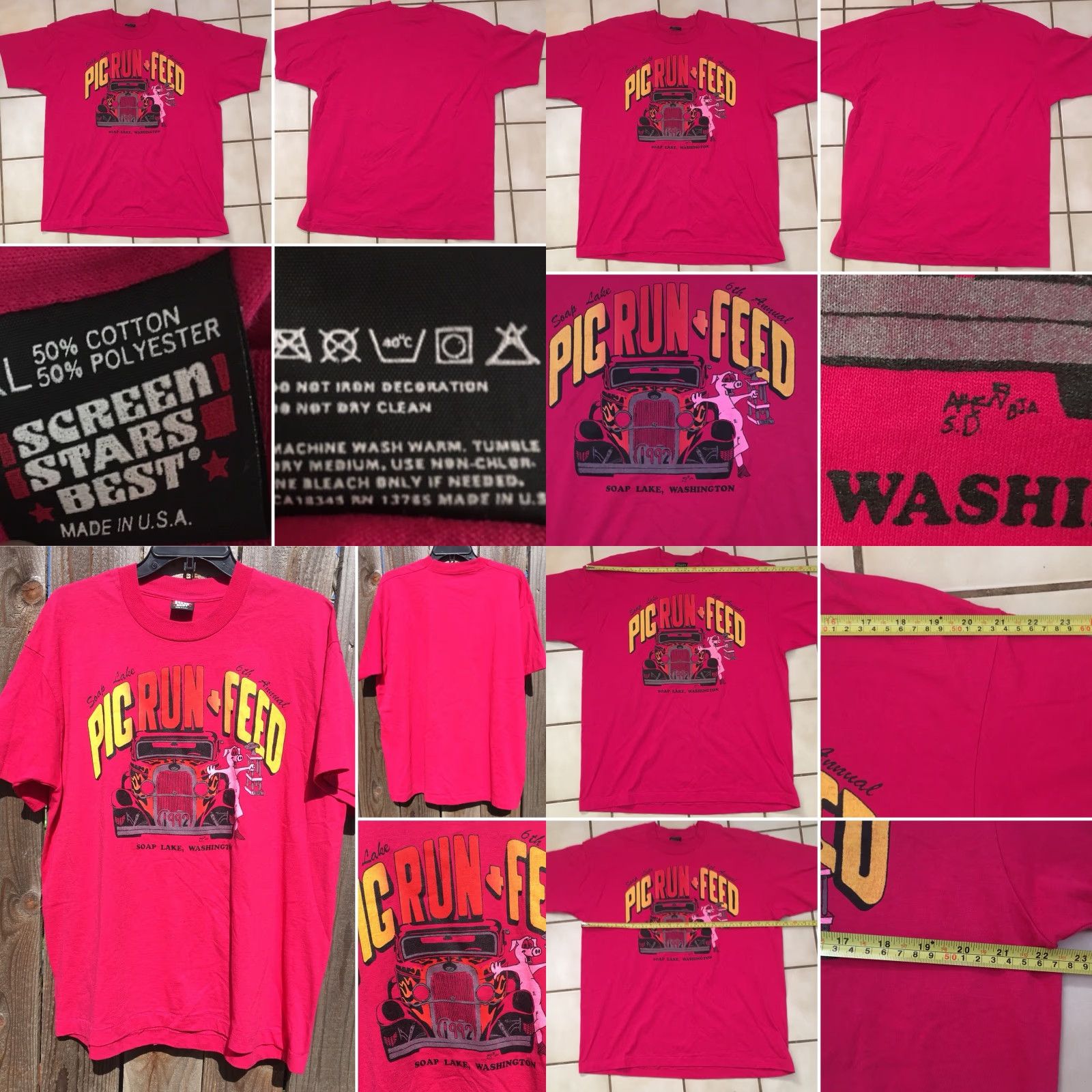 Vintage VINTAGE Screen Stars Best T Shirt XL Pink 1992 Soap Lake Pig Run & Feed Washington Unisex 1990s Graphic Tee Size US XL / EU 56 / 4 - 8 Thumbnail