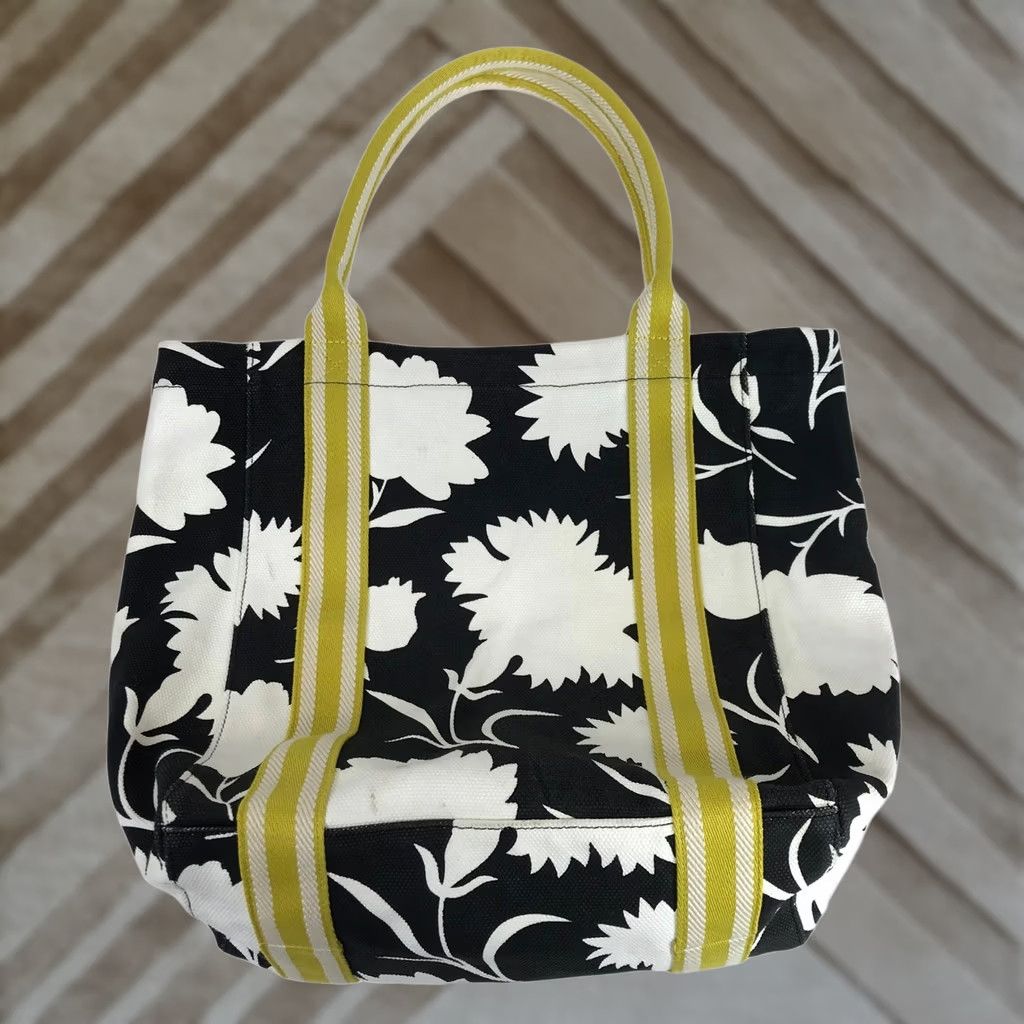 Vintage Bag Black White Floral Canvas Tote Yellow Stripe Shoulder Handles Ao907 Size ONE SIZE - 1 Thumbnail