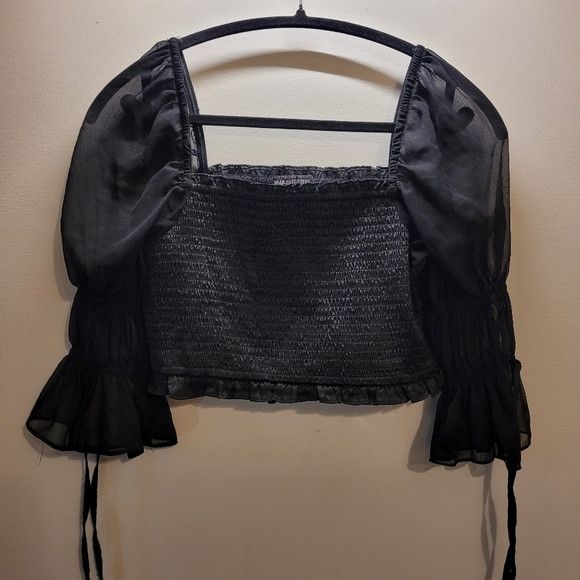 Urban Outfitters Urban Outfitters Smocked Black Crop Top Sheer Sleeve - M Size M / US 6-8 / IT 42-44 - 2 Thumbnail