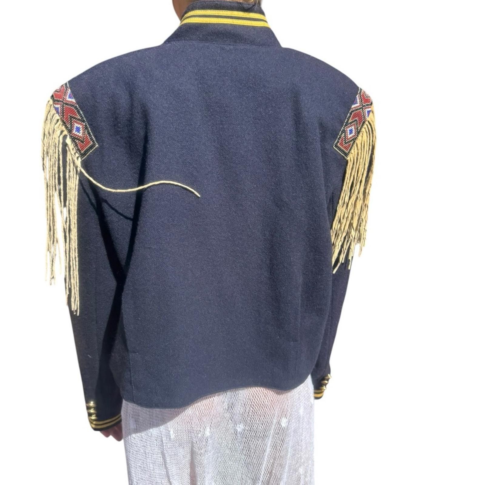Designer Double D Ranch L Wool Navy Cropped Fringe Shoulder Jacket Size L / US 10 / IT 46 - 5 Thumbnail