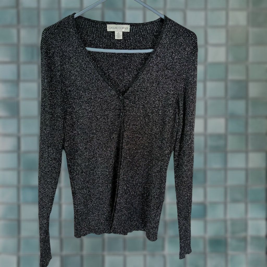 Vintage Casual Corner Womens Cardigan XL Long Sleeves Stretch Black Textured Sweater Size XL / US 12-14 / IT 48-50 - 1 Thumbnail
