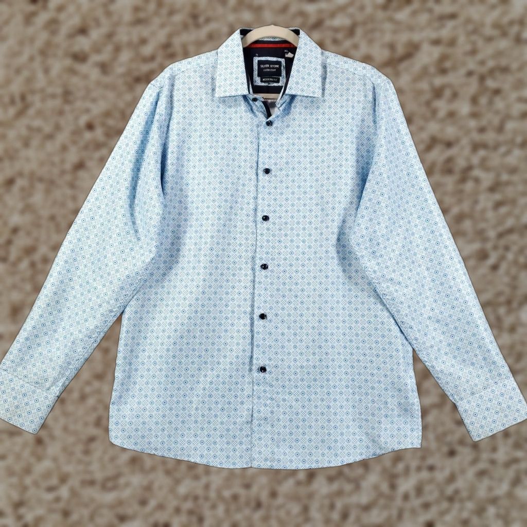Vintage Silverstone Button-Up Shirt XL Mens Blue White Geometric Pattern Slim Modern Fit Casual Business Size US XL / EU 56 / 4 - 1 Thumbnail