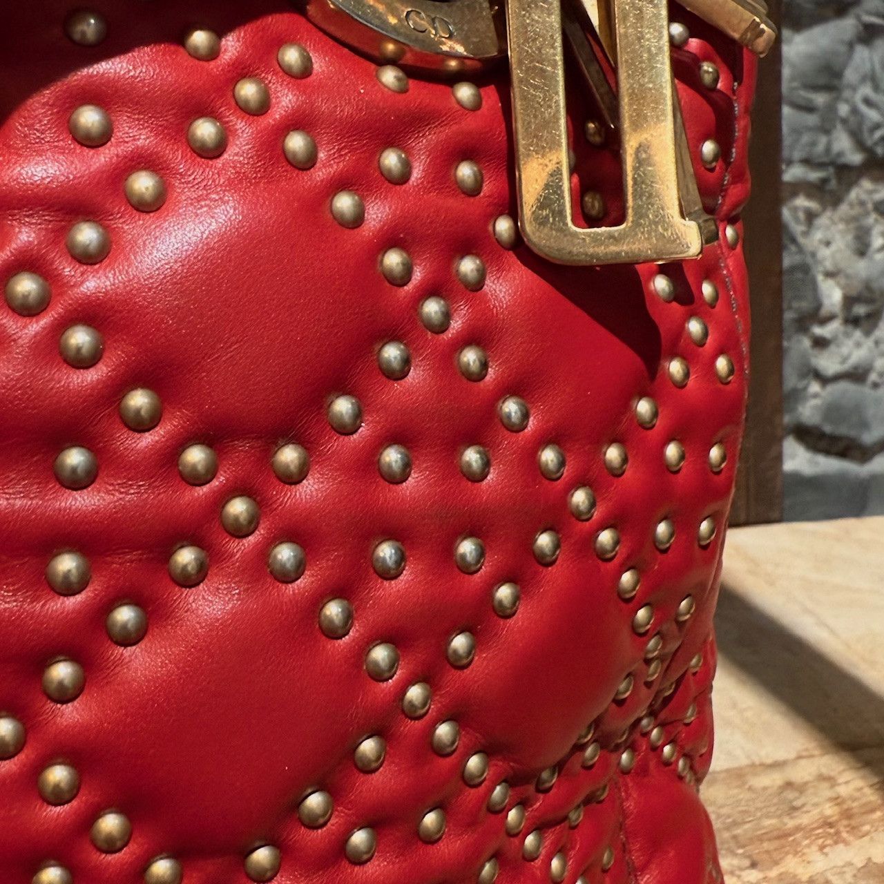 Dior Christian Dior Red Leather Gold Studded Medium Lady Dior Bag Size ONE SIZE - 9 Thumbnail