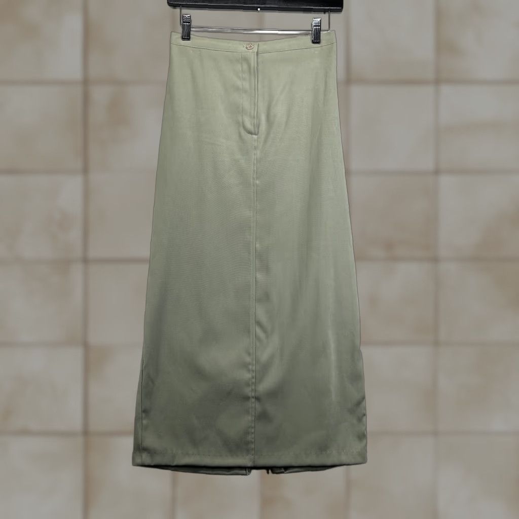 Vintage VINTAGE Clio Maxi Skirt Women's Petite Medium PM Light Green Polyester Spandex A-Line 80s 90s Button Stitch Pull On Casual Party/Cocktail USA Size 32" / US 10 / IT 46 - 1 Thumbnail