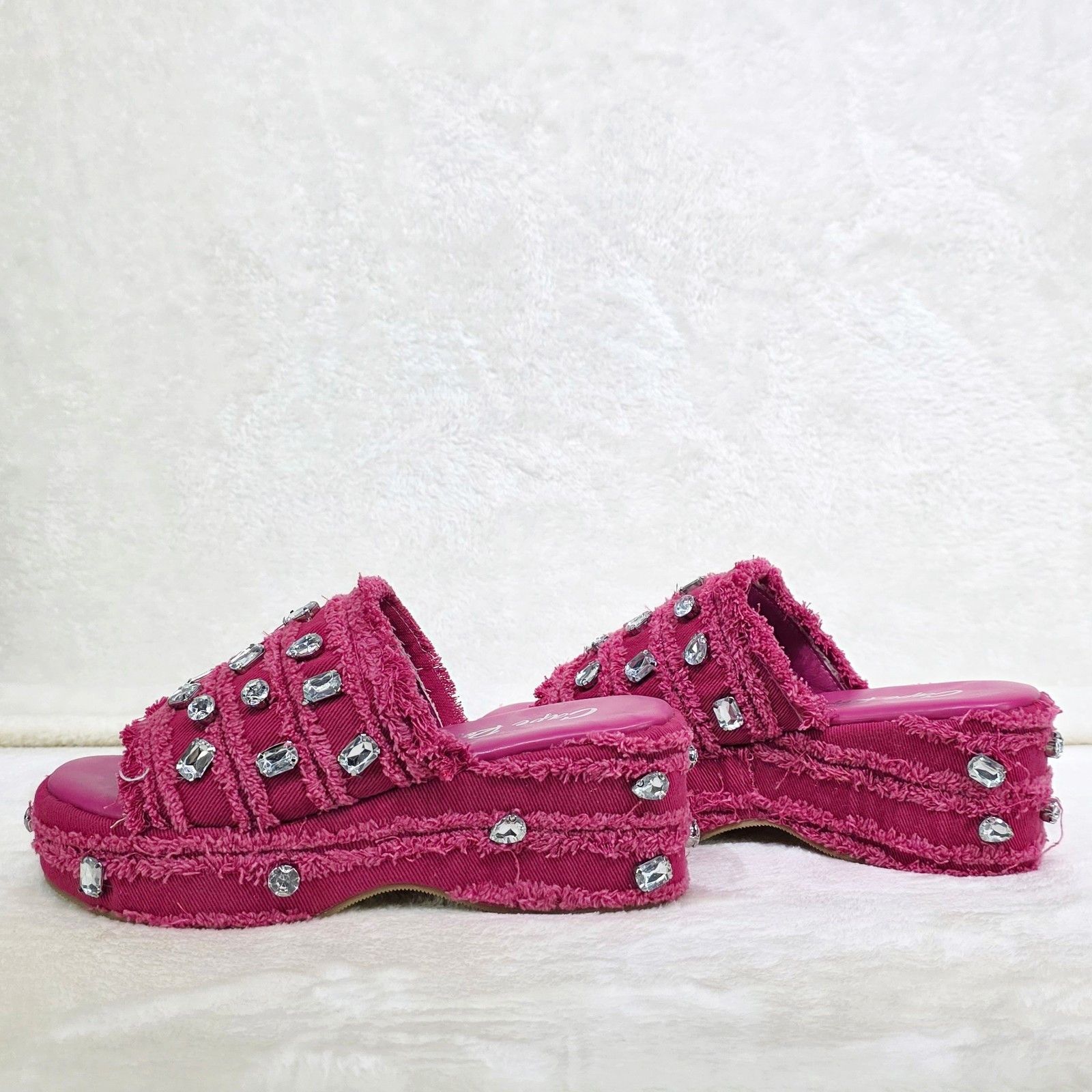 Other Hipster Denim Distressed Frayed Trim Rhinestone 2" Flatform Size US 10 / IT 40 - 2 Thumbnail