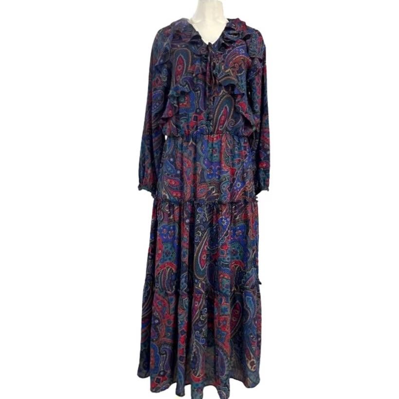 Ralph Lauren VINTAGE Ralph Lauren Maxi Dress 6 Blue Red Print Paisley Georgette Long-Sleeve Womens Girls Size M / US 6-8 / IT 42-44 - 3 Thumbnail