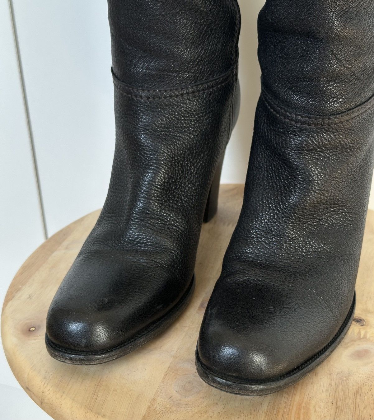Prada Prada Black Leather Knee-High Boots Gold Logo Block Heel Size US 8.5 / IT 38.5 - 9 Thumbnail