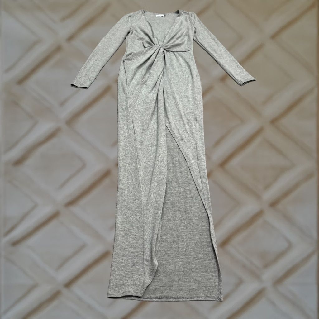 Vintage Shareen Knotted Front High Slit Maxi Dress Womens 8 Gray Long Sleeve V-Neck Dress Size M / US 6-8 / IT 42-44 - 1 Thumbnail