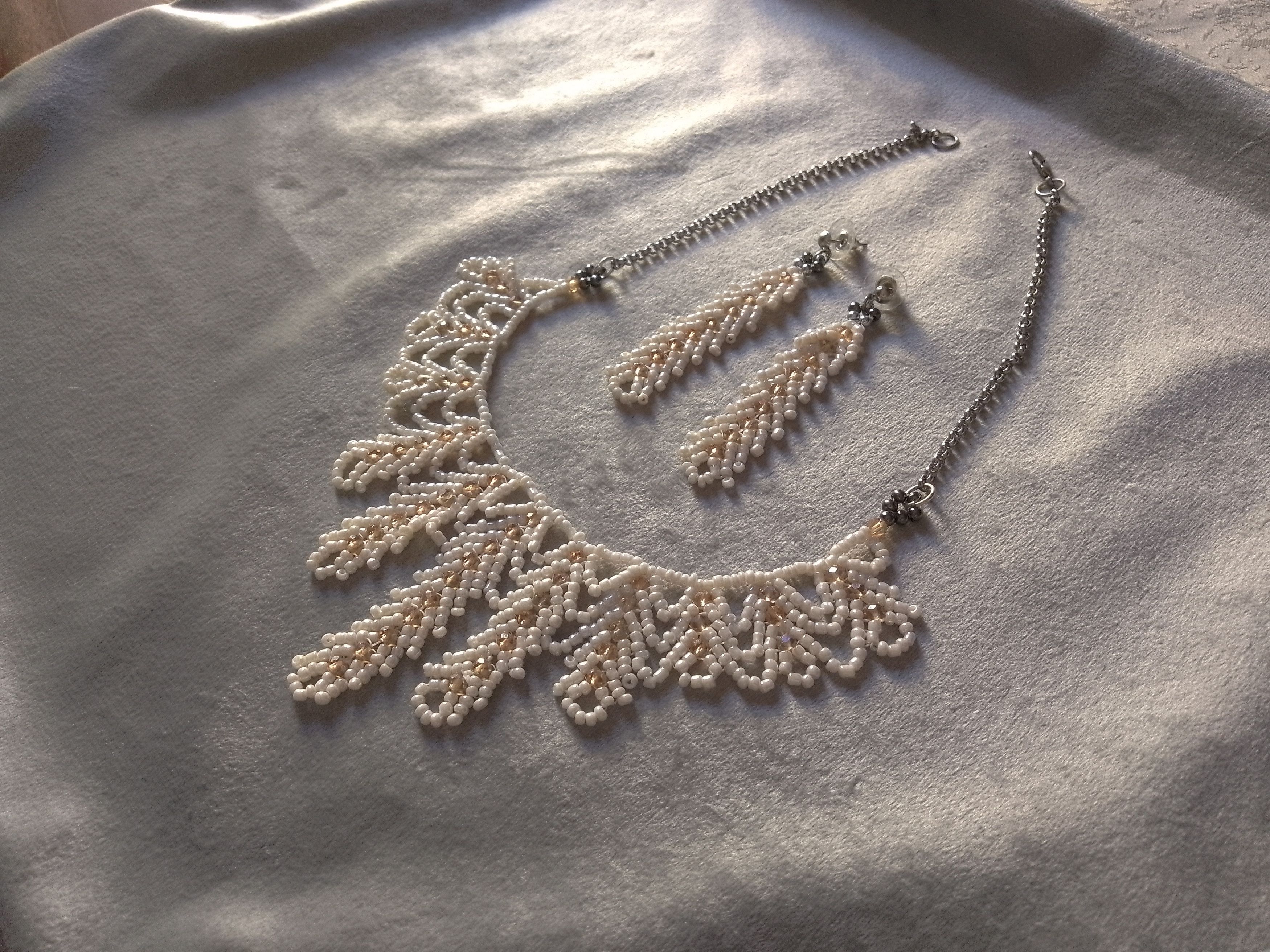 Handmade Necklace Ivory Elegant Wedding Embroidered Crystals Earrings Size ONE SIZE - 1 Thumbnail